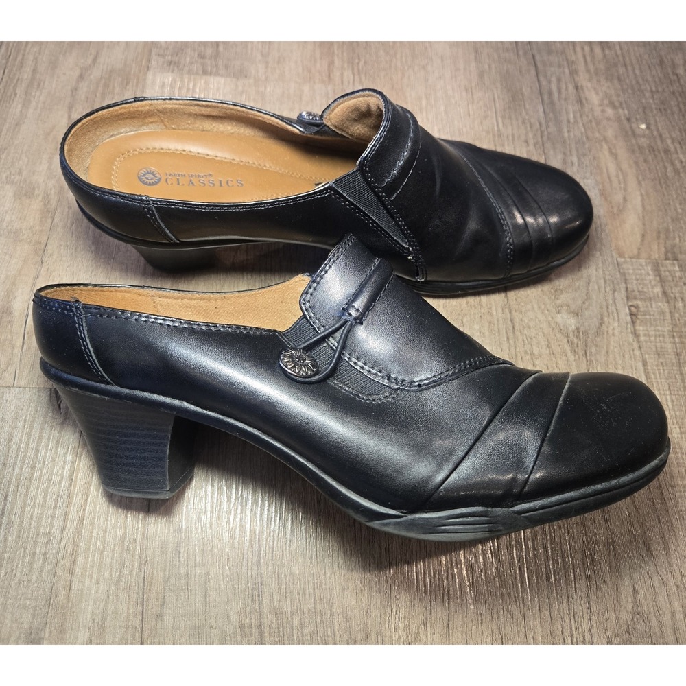 New Earth Spirit Classics‎ Elaine Women's Black Leather Mules Heel Clogs Size 10